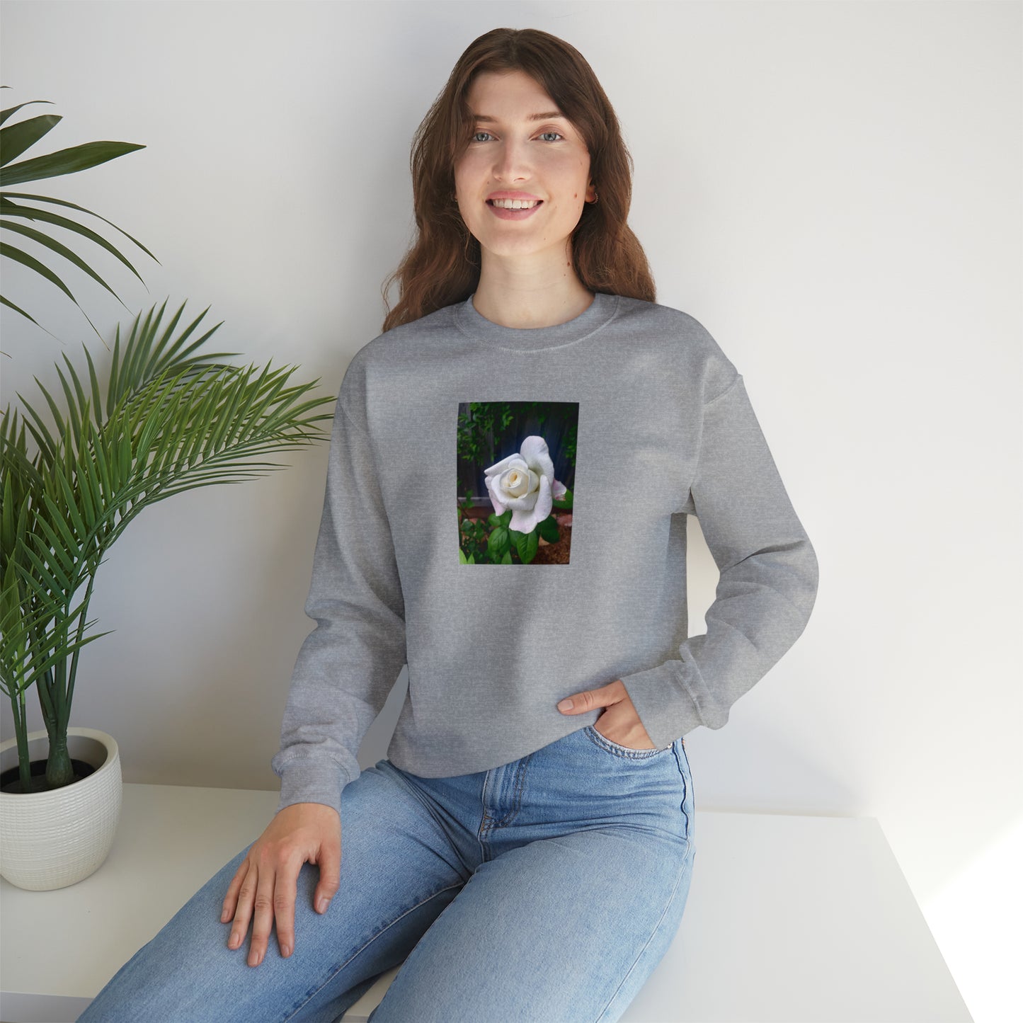 Unisex White Rose Sugar Moon Hybrid Tea Floral Sweatshirt