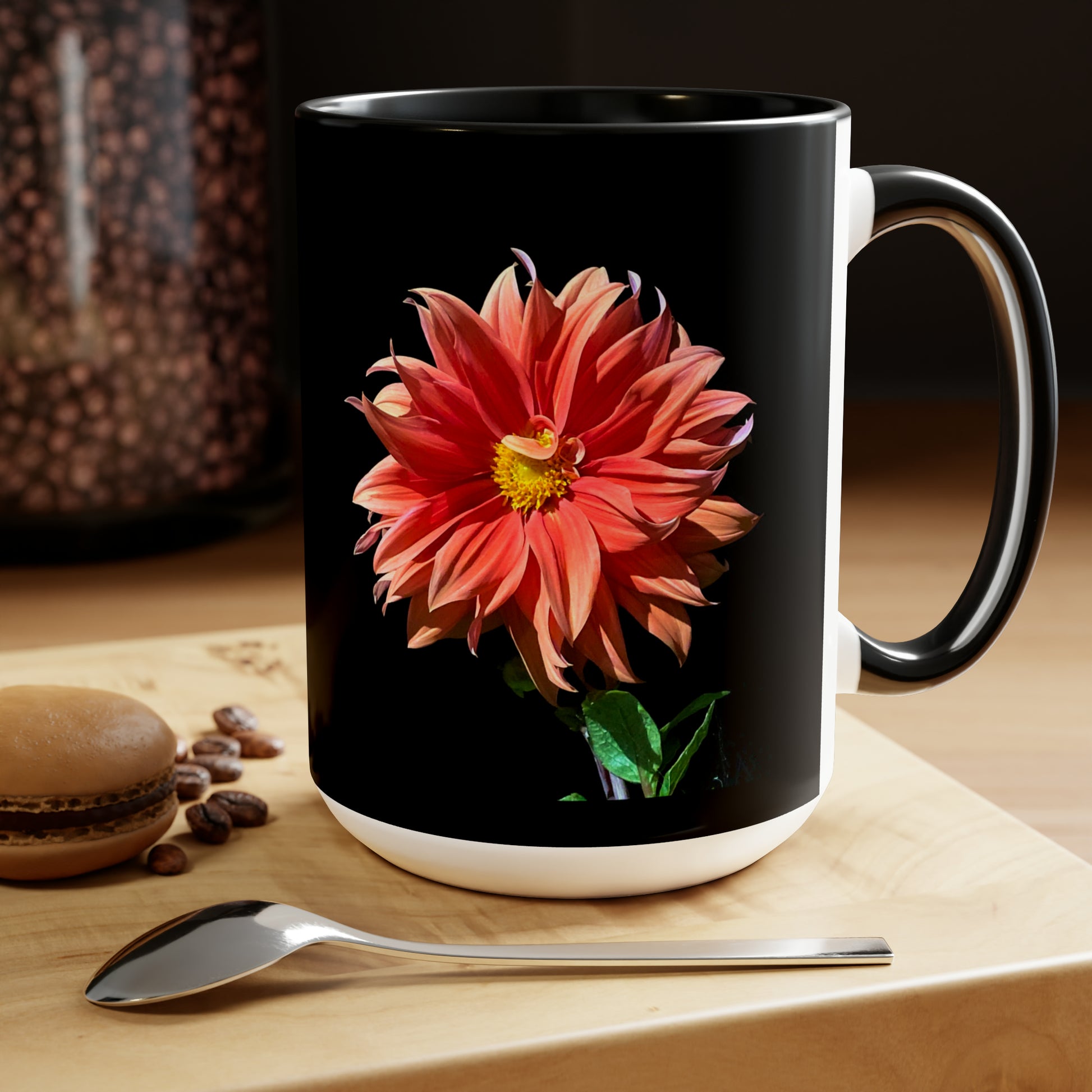 15oz two tone coffee mug with Pink Dahlia flower 