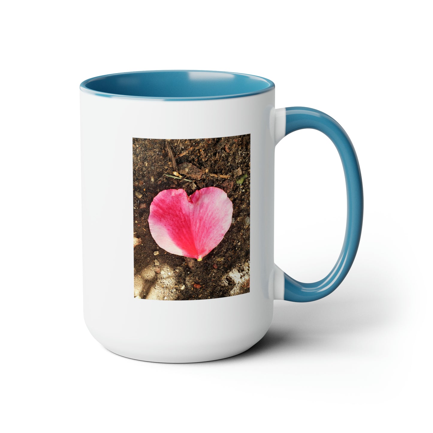 15oz two tone coffee mug - original photography - heart shaped rose petal